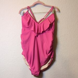 Isabel Maternity Pink Ruffled One-Piece Swimsuit Large